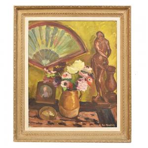 STILLEBEN GEMÄLDE DES 20. JAHRHUNDERTS, FÄCHER UND ANEMONEN, ÖLGEMÄLDE AUF HOLZ. (QNM242)